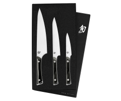 The profile image of the Kazahana 3-Piece Starter Set, featuring the 8" Chef's Knife, 6" Utility Knife, and 3.5" Paring Knife, shown in its black gift box.