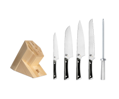 A profile image of this Kazahana set, which includes a 8" Chef’s Knife, 7" Santoku, 6" Utility Knife, 9" Bread Knife and 9" Combination Honing Steel with a 8-Slot Angled Block.